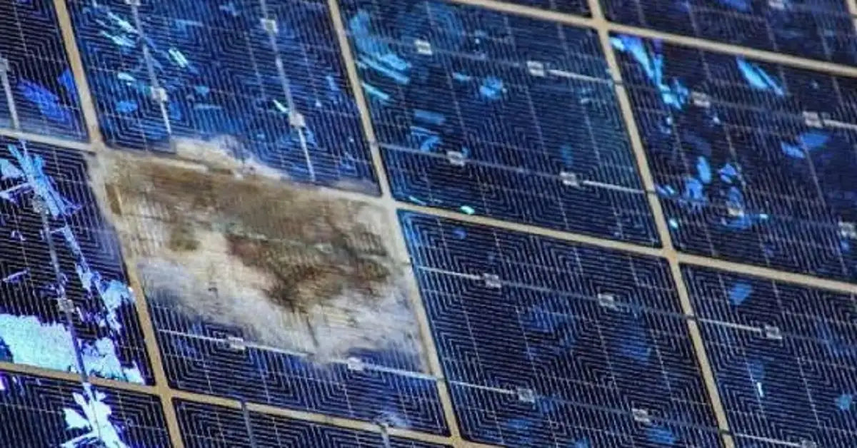 Close-up-of-burnt-discolored-solar-panel-cell-releasing-toxic-chemicals-when-damaged