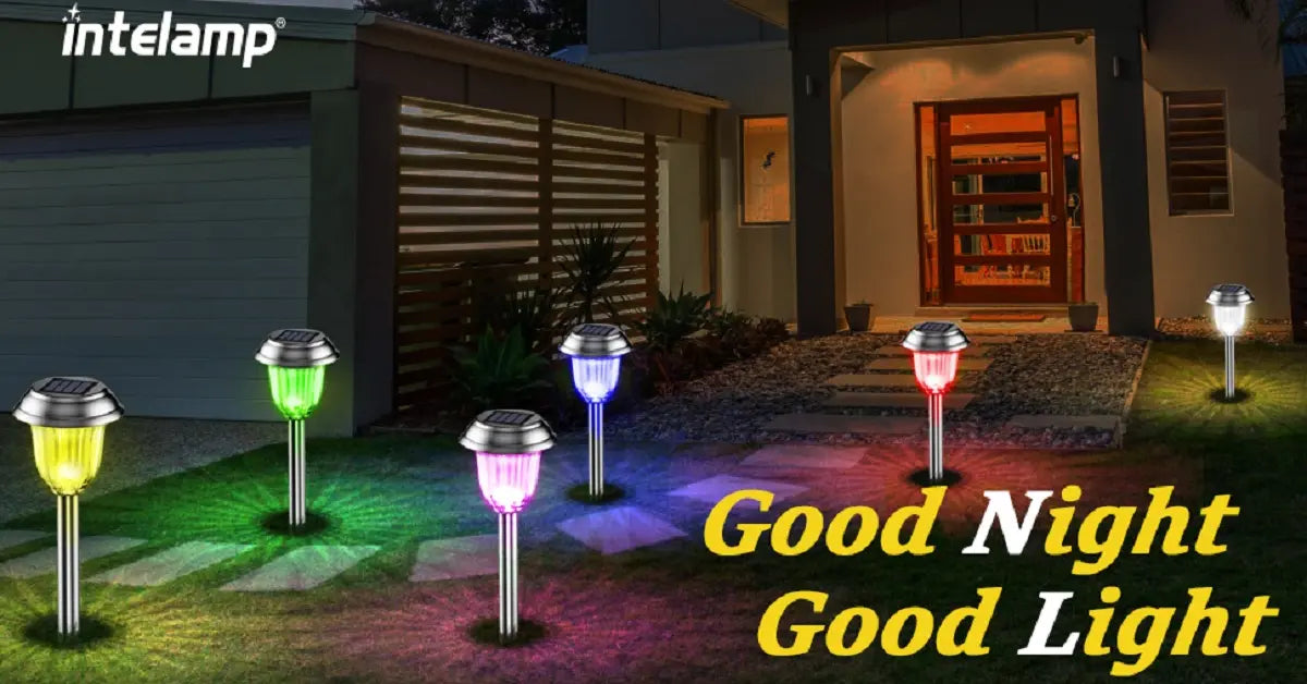 Multi color outdoor solar pathway lights lighting up residential front yard garden at night product example for buying guide