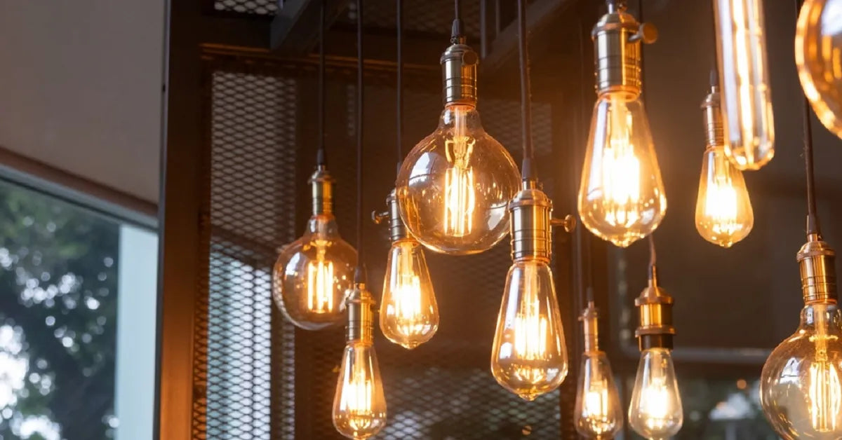 A cluster of stylish, decorative filament light bulbs hanging as a modern fixture in a well-lit interior, showcasing a popular trend in lighting design.