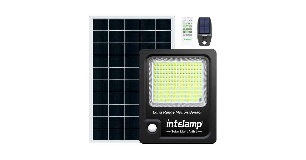 Intelamp motion sensor solar flood light kit including separate solar panel remote control and small sensor unit for outdoor lighting