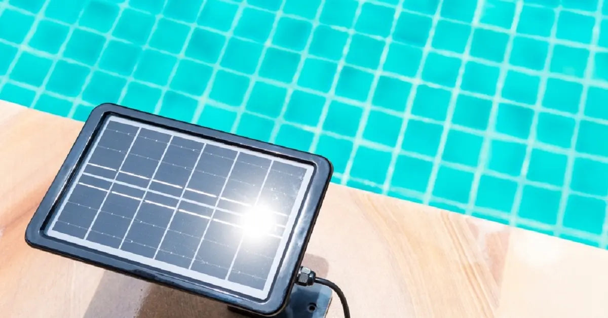Closeup-of-solar-panel-powered-outdoor-light-on-swimming-pool-patio-discussing-radiation-and-health-effects-of-solar-devices-on-humans