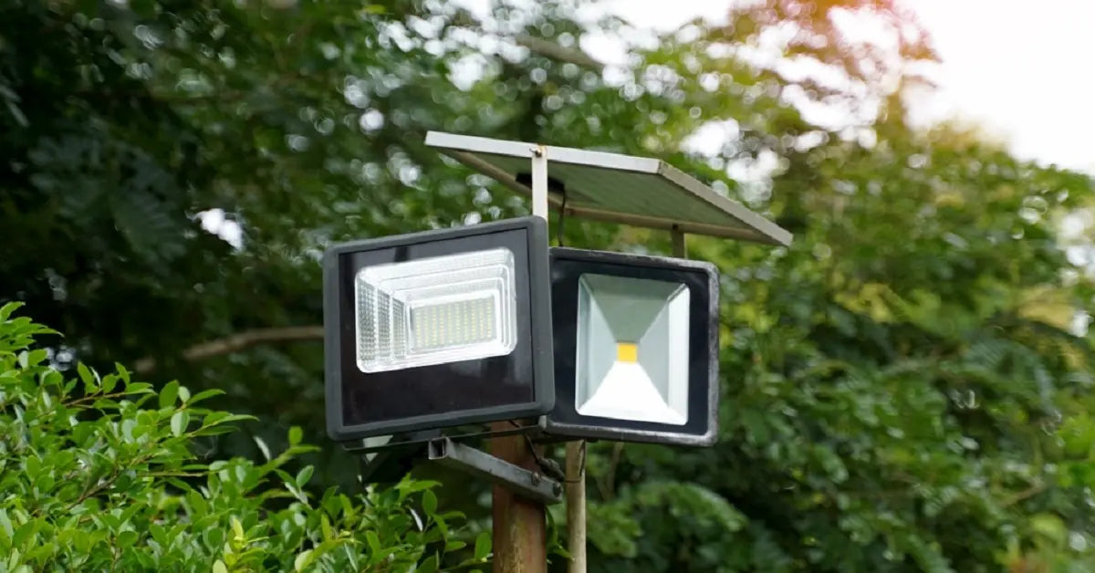 A set of solar flood lights on a pole with an attached solar panel, which is used to charge the essential internal batteries during the day.