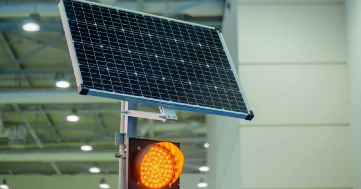 A solar panel connected to an illuminated yellow traffic light, showcasing the possibility of charging solar-powered lights indoors.