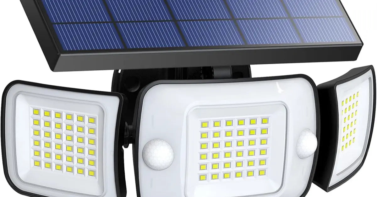 Solar security light with motion sensor and solar panel, automatically turns on at dusk and off at dawn