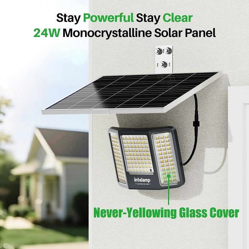 Wall-mounted outdoor solar flood light highlighting the high-efficiency 24W monocrystalline solar panel for fast charging and the premium, never-yellowing glass cover that ensures long-lasting brightness.