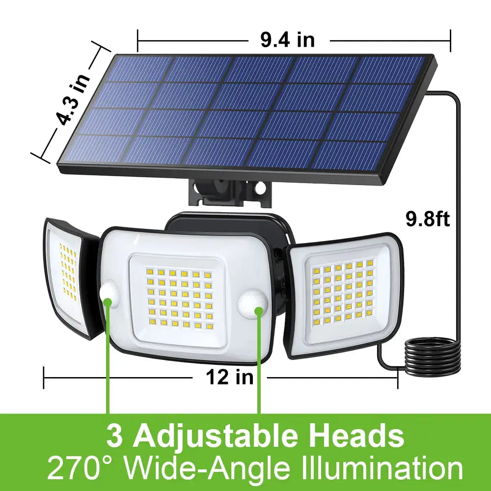 3 Head Adjustable Solar Light with Dimensions and 9ft Cable
