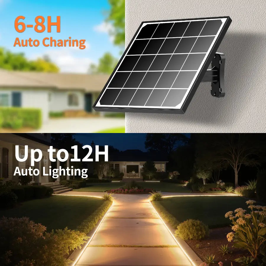 Solar powered string lights featuring 6-8 hours auto charging and up to 12 hours of continuous night lighting.