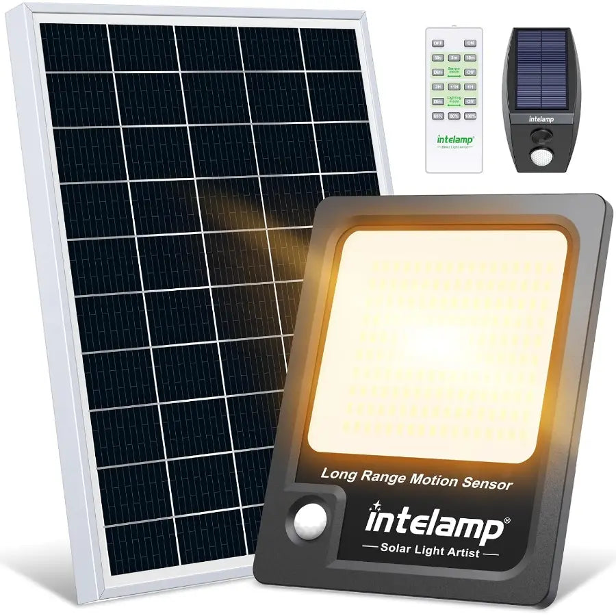 Black Intelamp outdoor waterproof solar flood light kit featuring a dusk-to-dawn LED lamp, separate solar panel, remote control, and linkable motion sensor case.