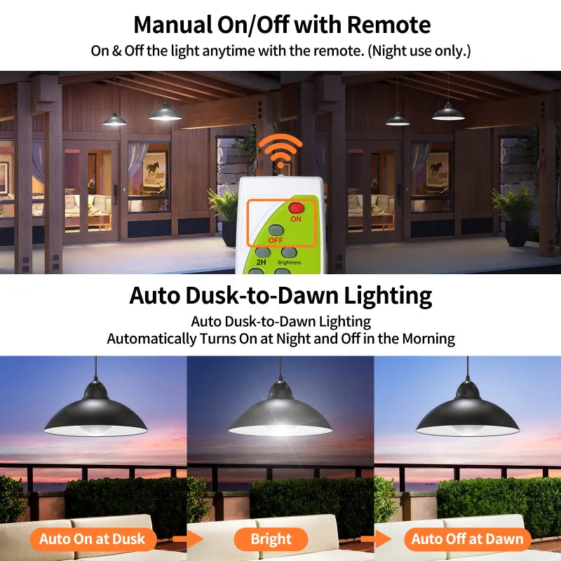 An infographic explaining the two primary modes of the solar pendant lights: manual on/off with the remote control and automatic dusk-to-dawn operation.