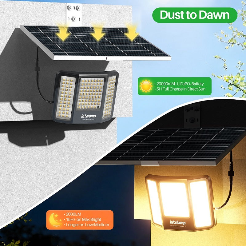 Dusk to dawn solar spotlight demonstrating a 5-hour full charge in direct sun, powering the 20000mAh LiFePO4 battery for over 15 hours of bright nighttime illumination.