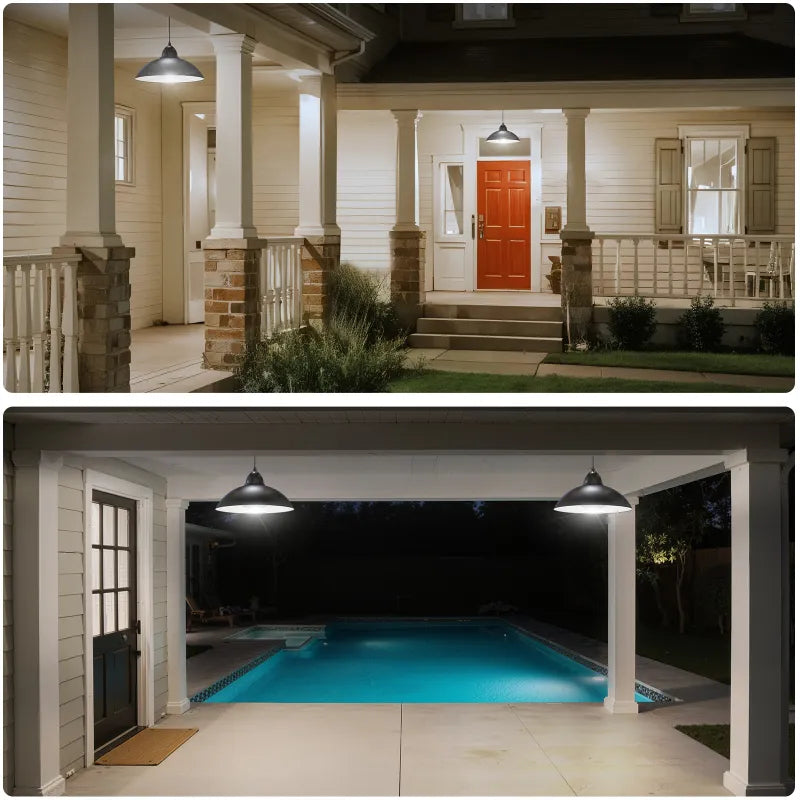 A collage showing the elegant ambiance created by the dual solar pendant lights illuminating a front porch with a red door and a modern pool patio at night.