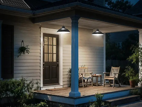 A welcoming farmhouse front porch at night, featuring two chairs and illuminated by two classic black solar hanging pendant lights.