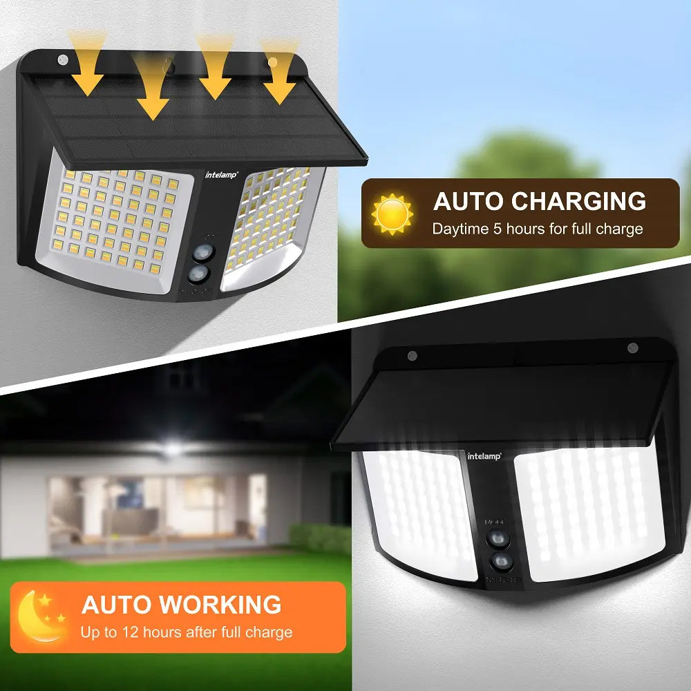 High efficiency solar panel fully charges in 5 hours to provide up to 12 hours of reliable all-night security lighting.