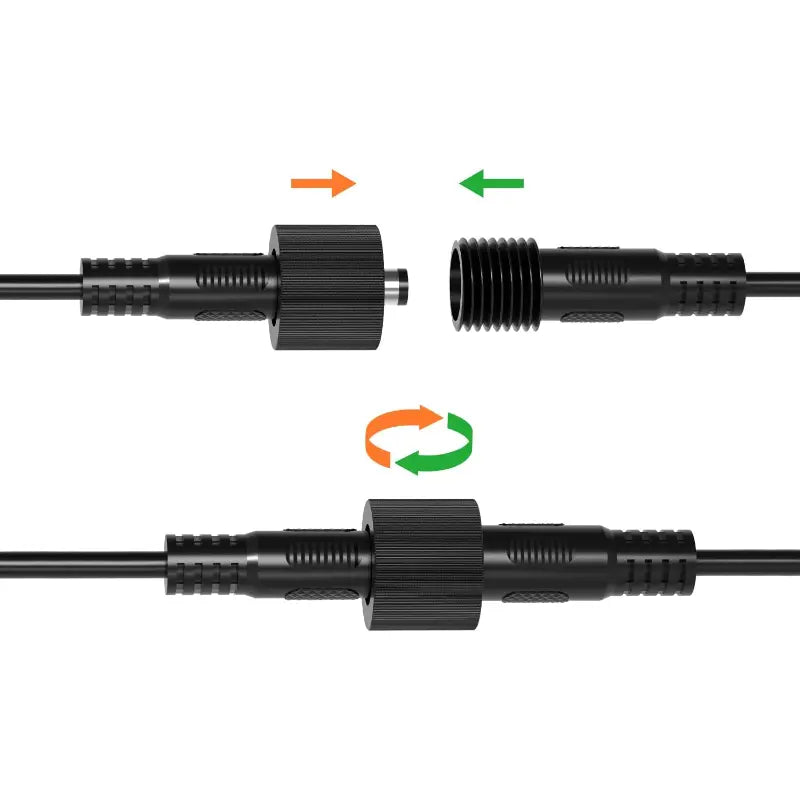 A clear diagram demonstrating the easy, secure screw-on mechanism for connecting the intelamp waterproof DC extension cable.