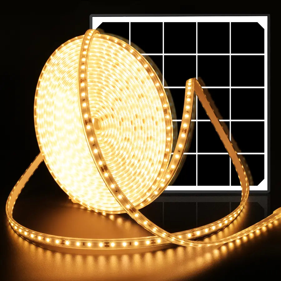 intelamp 32.8FT extra long solar LED strip lights with large solar panel, glowing warm white.