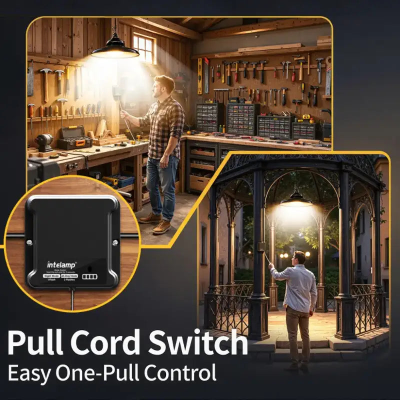 Convenient one pull cord switch on intelamp solar light for effortless control in workshop and patio gazebo