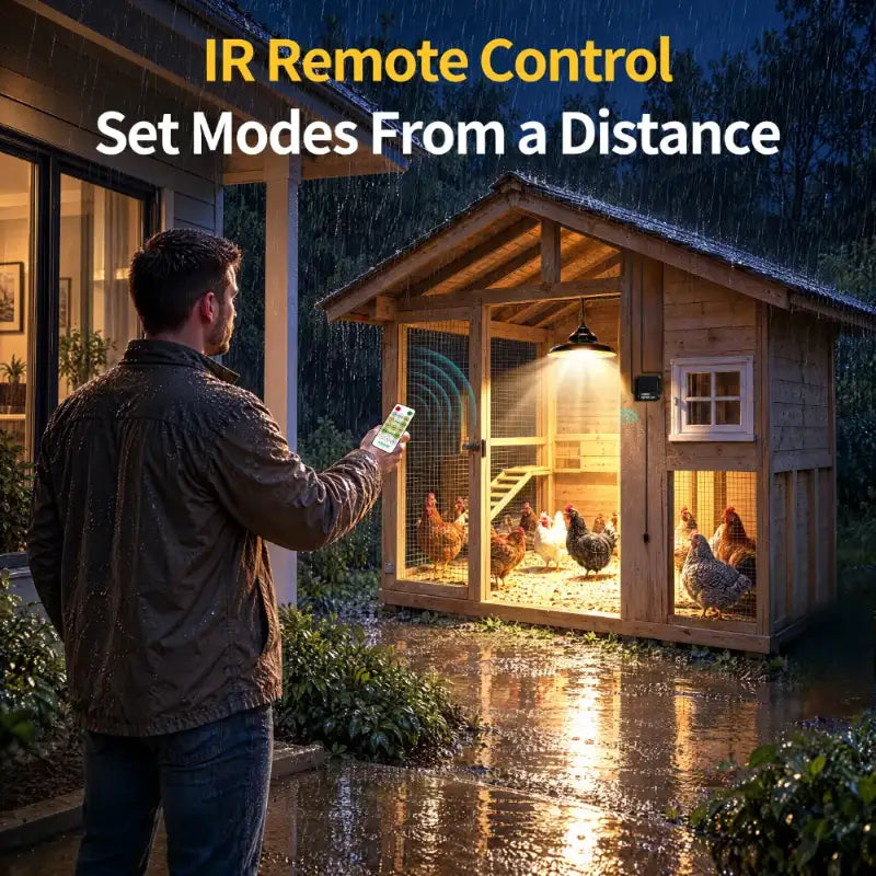 Long distance infrared remote control operating intelamp solar chicken coop and barn light in rainy weather