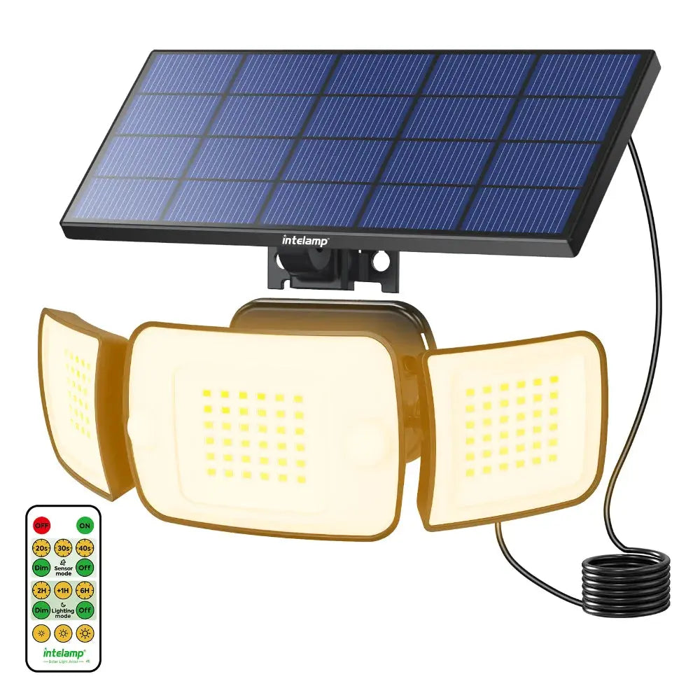 Intelamp solar flood lights with a separate solar panel connected by a 9.8ft cable to a three-headed LED security light, shown with the included remote control.