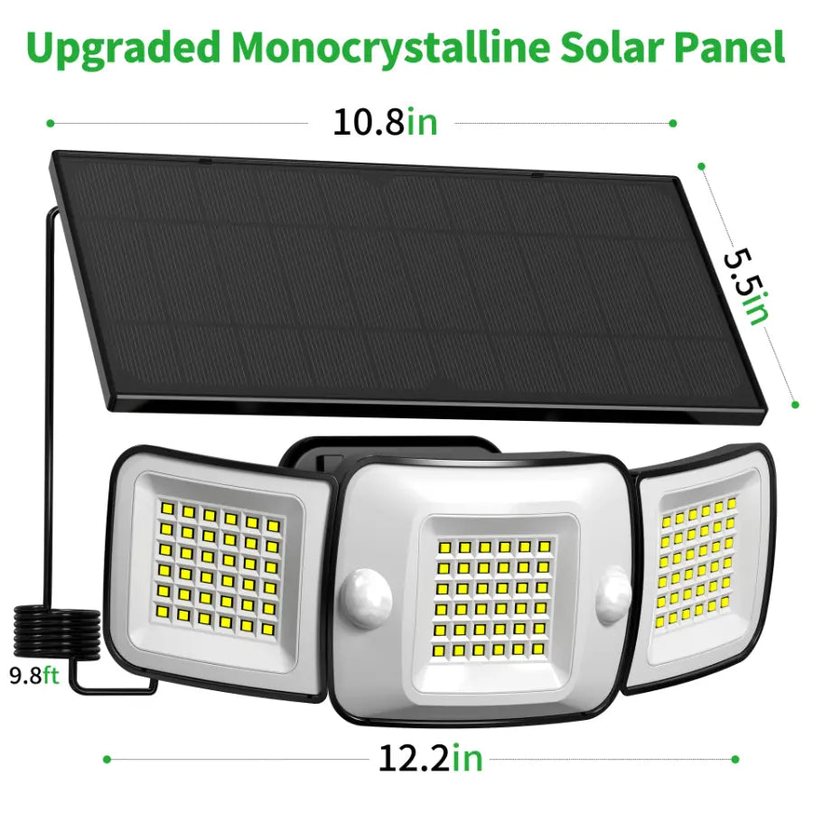 Exact product dimensions of the intelamp solar flood light head and enlarged solar panel.