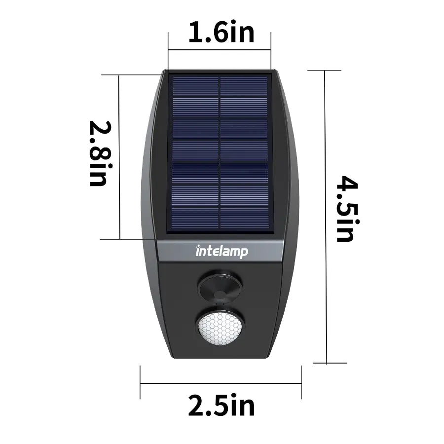 A detailed diagram showing the precise dimensions of the intelamp solar motion sensor, which is 4.5 inches tall and 2.5 inches wide.