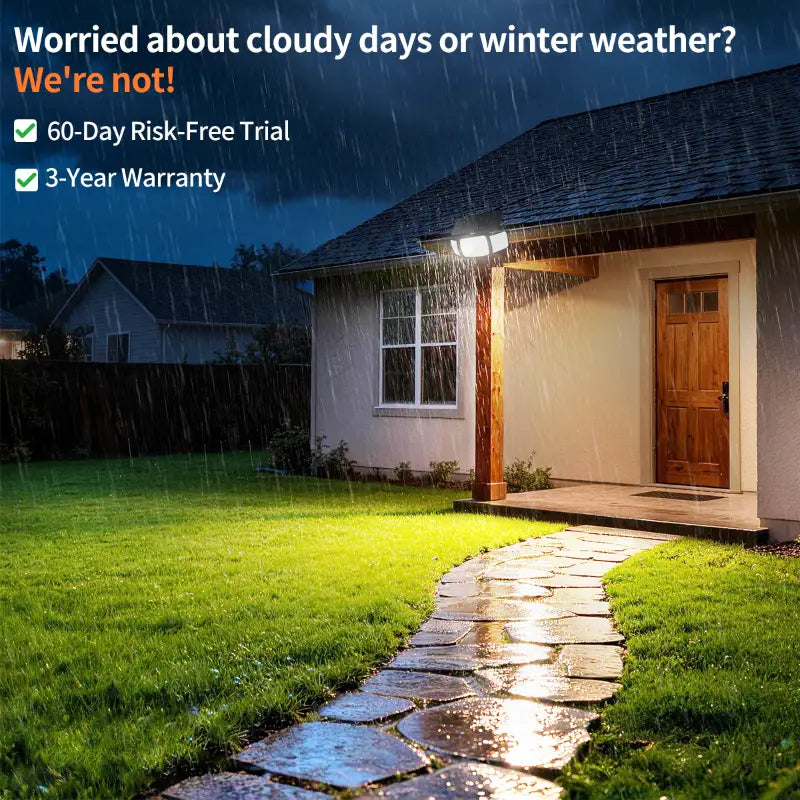 intelamp waterproof solar flood light illuminating a porch during a heavy winter rainstorm