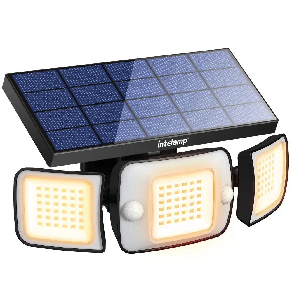 Intelamp solar outdoor light with a large top-mounted solar panel and three adjustable LED floodlight heads with dual motion sensors.