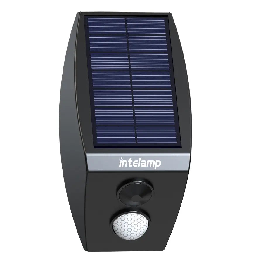 A clear product image of the intelamp solar-powered linkable motion sensor on a white background, displaying its solar panel and motion detector.