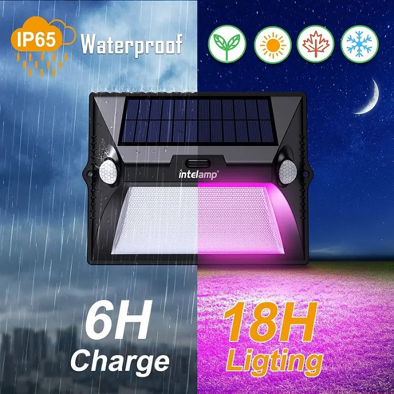 intelamp solar powered LED wall light with IP65 waterproof rating, 6 hours charge for up to 18 hours lighting, outdoor yard use