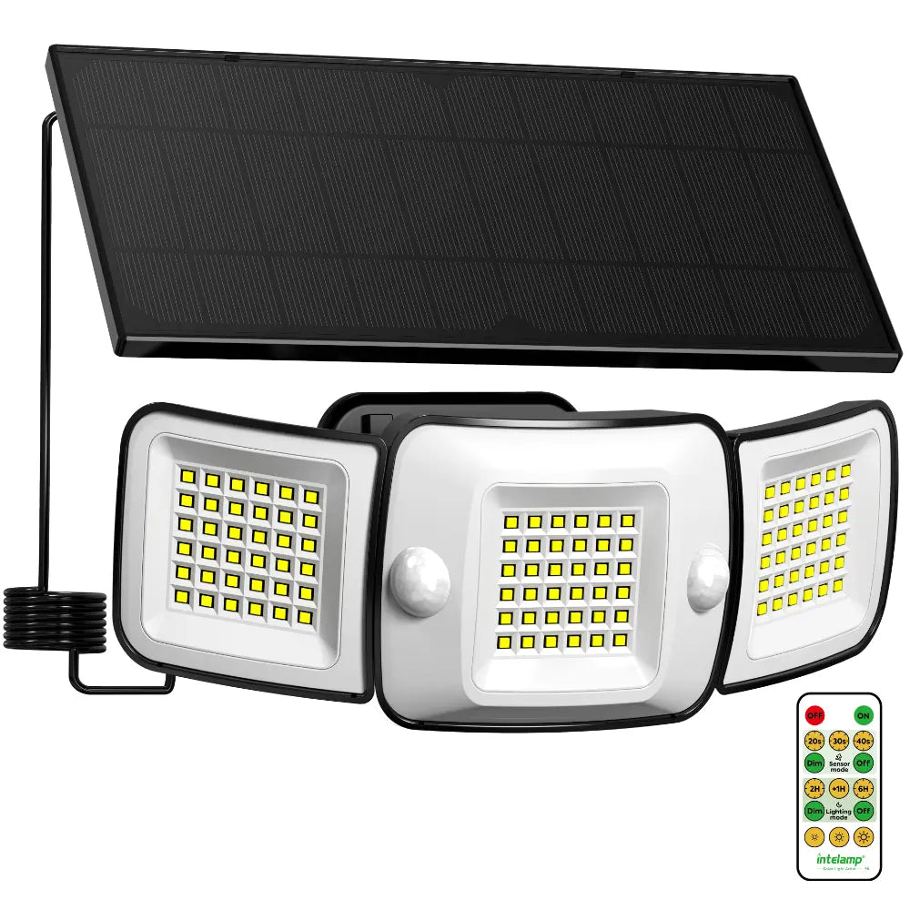 intelamp 1500LM outdoor solar security light with split solar panel, 9.8ft cable and remote control