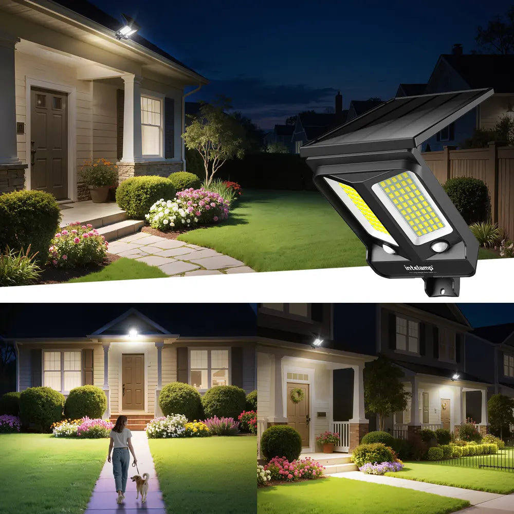 Intelamp V-Beam solar security light mounted on a house, illuminating the front yard and driveway with 1200 lumens brightness.
