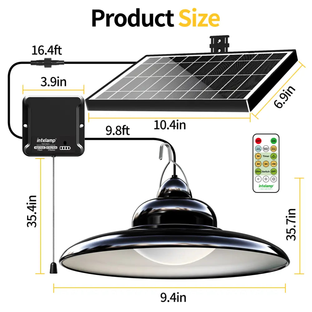 Detailed dimensions and cord length diagram with 16.4ft solar cable and 9.8ft lamp cord for easy indoor installation