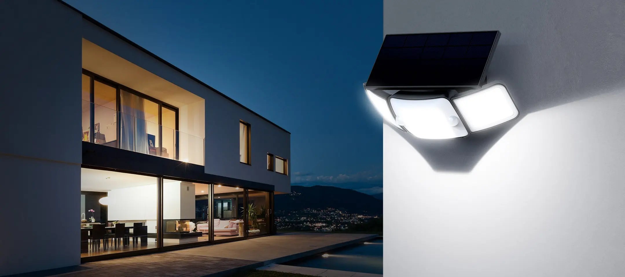 intelamp 3‑head solar motion sensor flood light with separate solar panel, IP65 waterproof outdoor security light mounted on modern house exterior wall for home yard safety