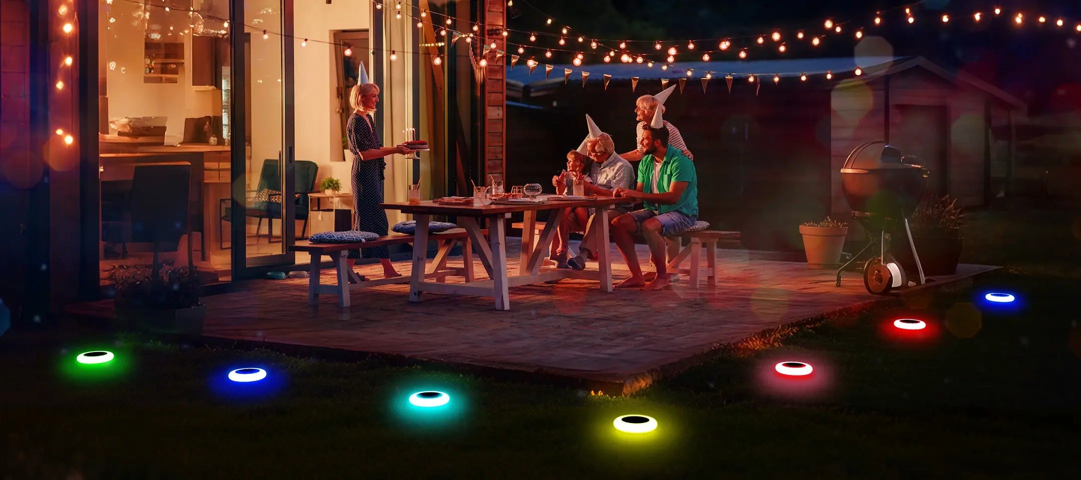 intelamp color‑changing solar pathway ground lights outdoor, 9‑color RGB solar landscape LED lights illuminating garden patio for family night party, IP65 waterproof lawn lighting