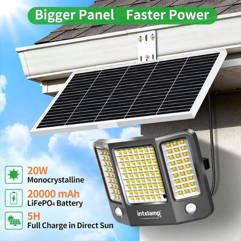 intelamp linkable solar flood light outdoor big 20w monocrystalline solar panel 20000mah lifepo4 battery 5 hours full direct sunlight charge