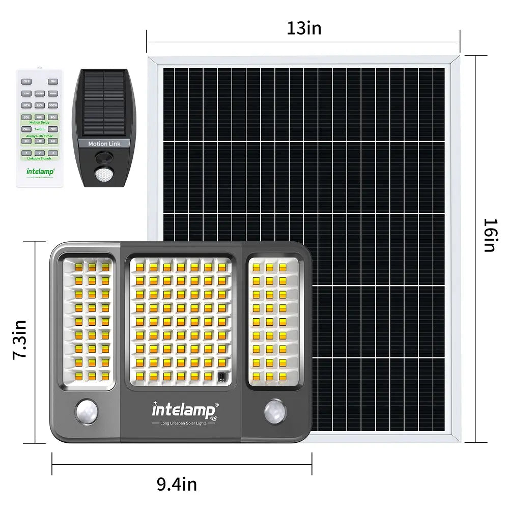 intelamp linkable solar flood light outdoor product dimension size chart solar panel and light fixture measurement specification