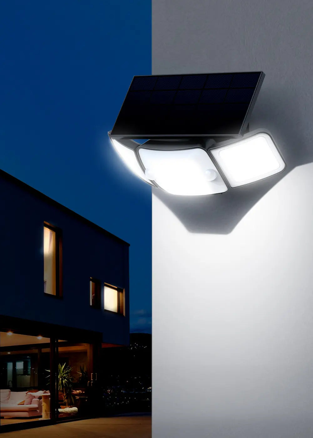 Vertical view intelamp 3‑head adjustable solar outdoor security flood light, dual motion‑sensor wide‑angle solar light installed at modern residential building exterior