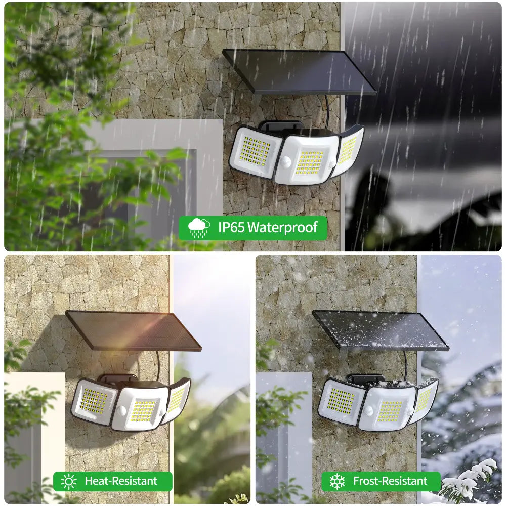Durable IP65 waterproof solar outdoor lights designed to withstand heavy rain, extreme heat, and winter frost.