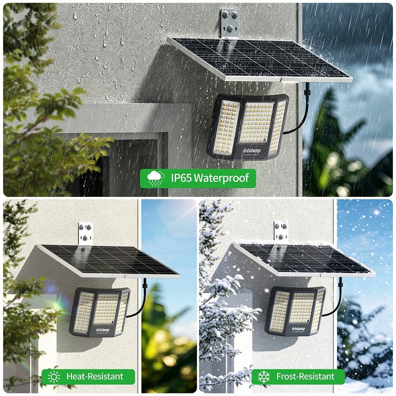 IP65 waterproof solar outdoor light built for all-weather performance, demonstrating high resistance to heavy rain, extreme summer heat, and harsh winter frost.