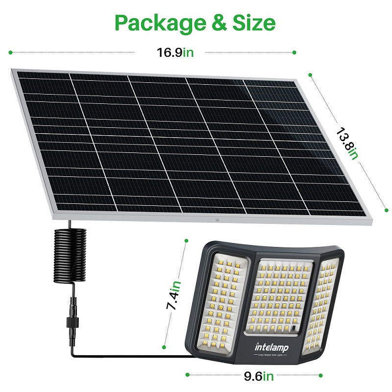 Exact dimensions of the Intelamp solar flood light kit, highlighting the large 16.9-inch solar panel and the 9.6-inch wide 3-sided LED light head.