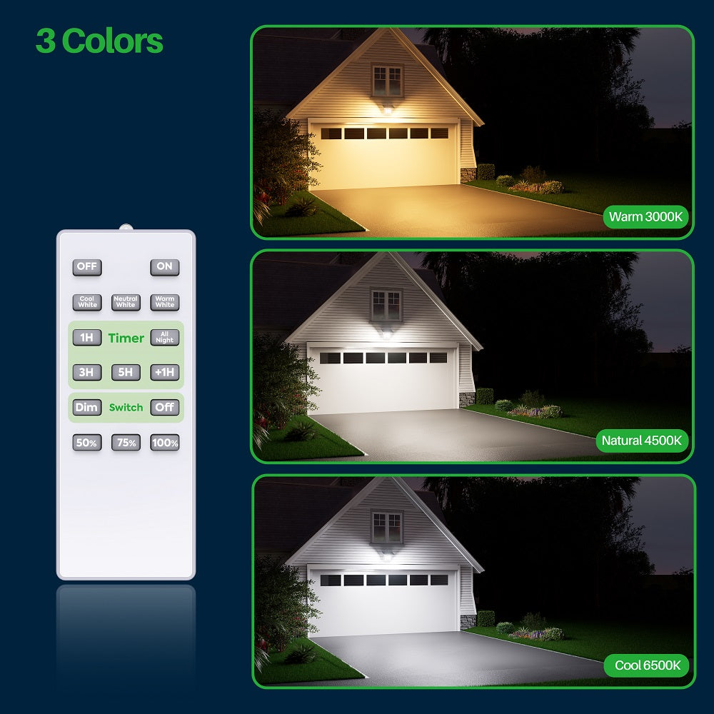 Remote controlled solar security light illuminating a driveway garage, demonstrating the three adjustable color temperatures: Warm 3000K, Natural 4500K, and Cool 6500K.