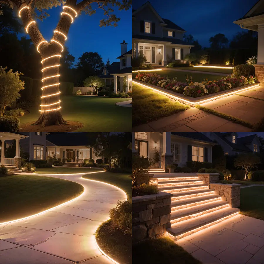 Creative outdoor decor ideas using solar light strips for trees, garden edges, curved pathways, and sta
