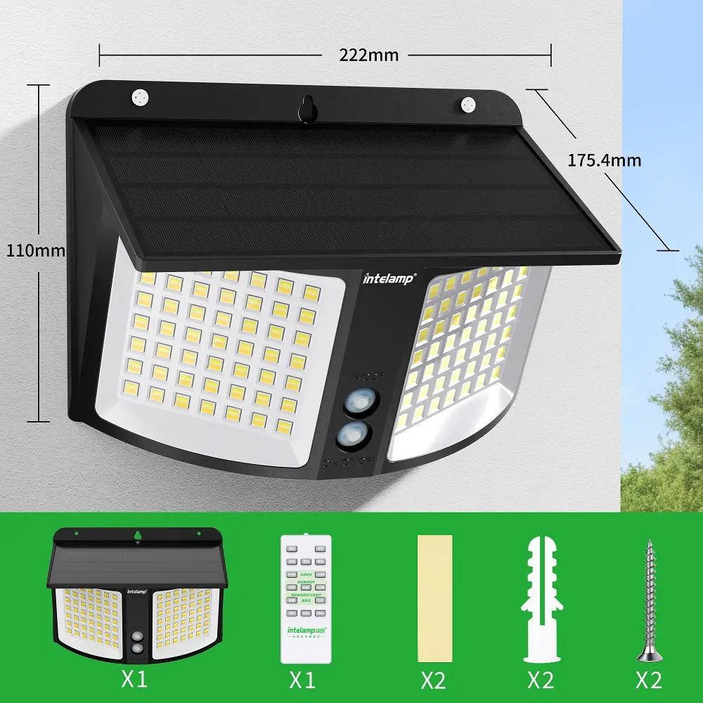 Exact dimensions and included installation hardware accessories for the intelamp solar wall light.