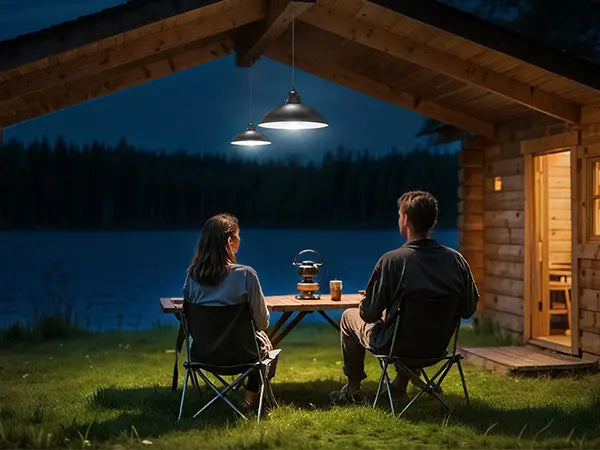 A couple enjoying a lakeside campsite at night, with their table lit by two portable solar pendant lights, perfect for off-grid illumination.