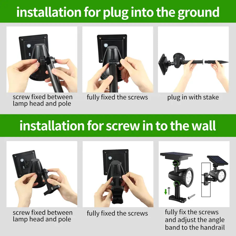 Solar spotlight installation guide for ground and wall mount