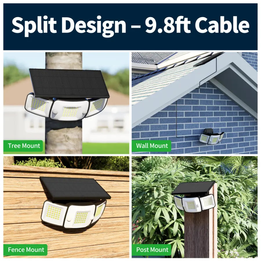 Split design solar motion light with 9.8ft cable, showing flexible installation on walls, fences, trees, and posts.