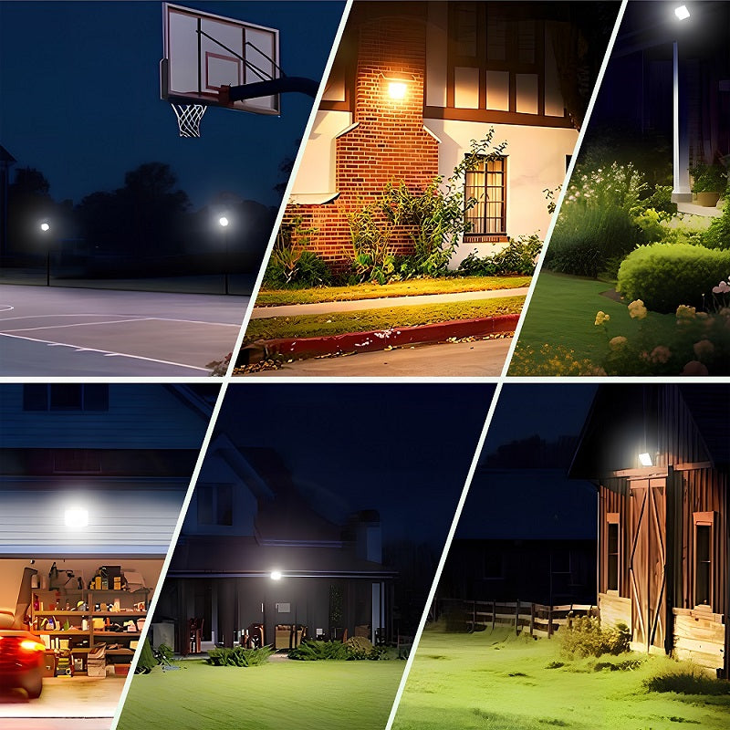 Multiple outdoor use cases for the bright solar flood light, showing reliable illumination for basketball courts, home exteriors, pathways, garages, patios, and barns.
