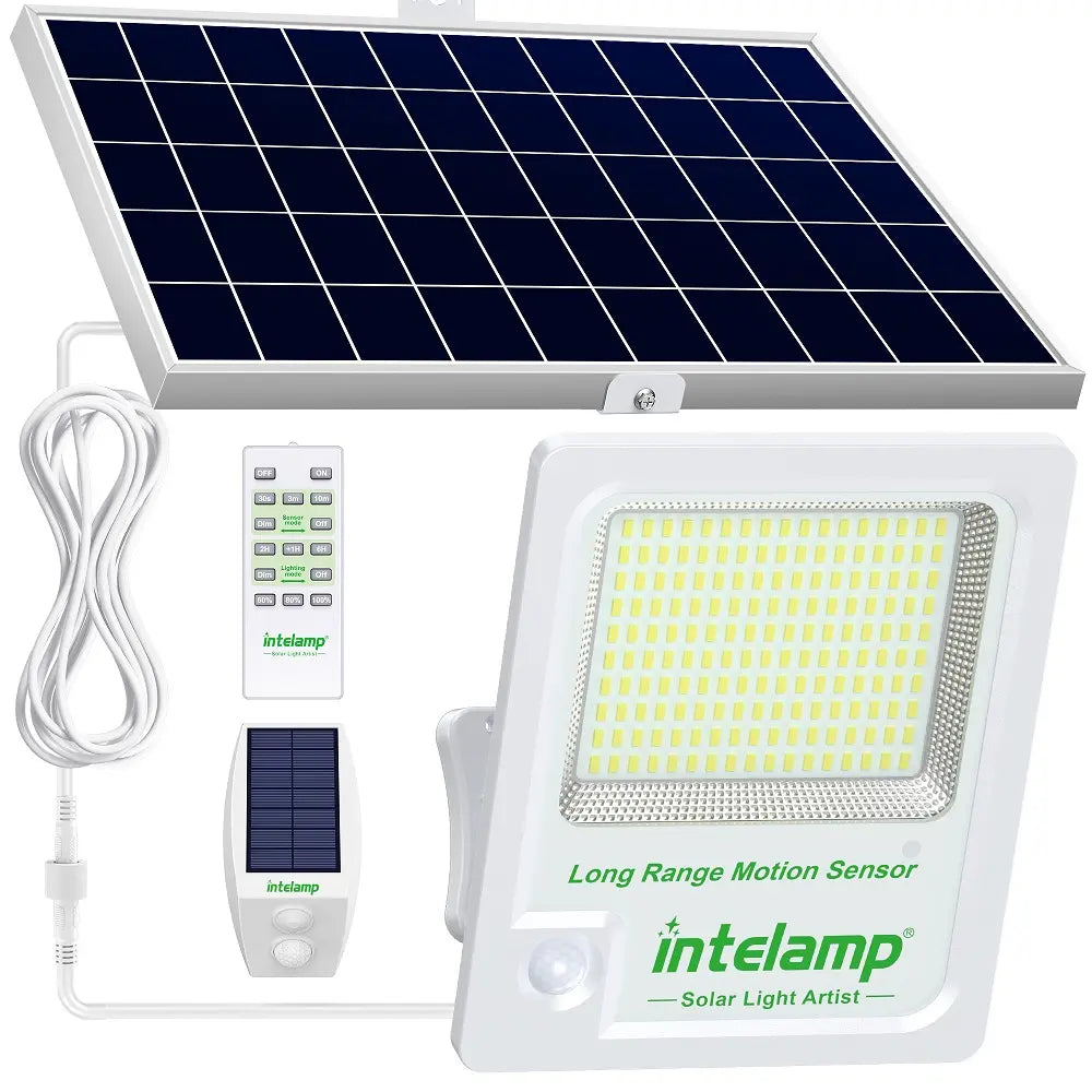 White Intelamp linkable solar flood light system including a 12000mAh LED lamp, high-efficiency solar panel, remote control, and separate motion sensor case with a 16.4ft cable.