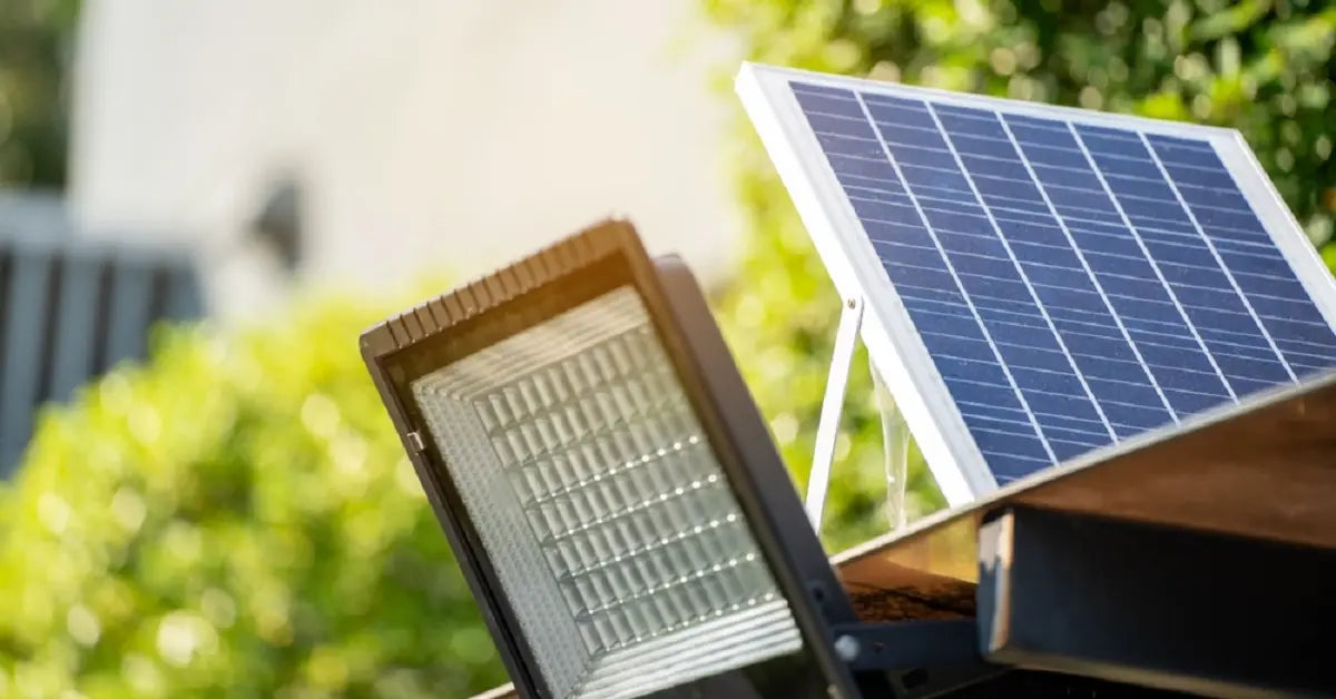 A close-up of a solar flood light and its panel, highlighting that the on/off switch must be activated to allow the battery to charge and the light to function automatically.