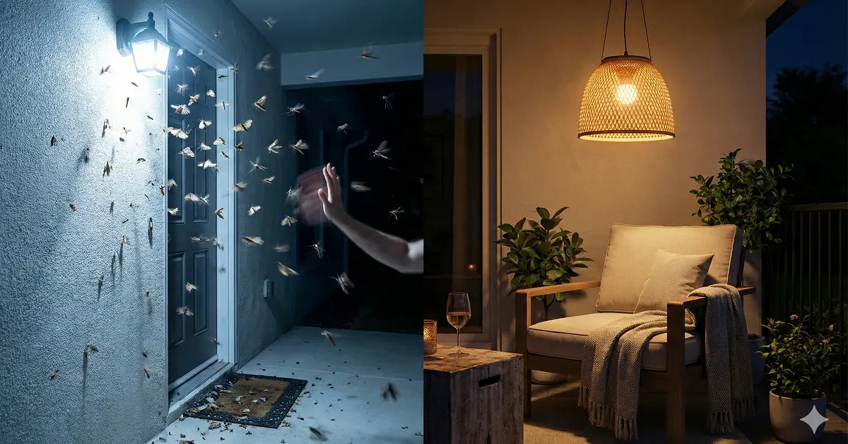 Split-screen comparison showing swarms of bugs around a cool-white porch light versus a pest-free patio illuminated by a warm amber Intelamp solar pendant light.