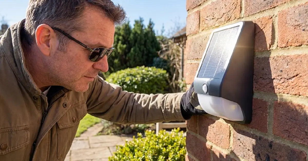 A man closely inspecting a solar-powered wall light during the day to check its placement in direct sunlight and ensure it is positioned correctly for charging.